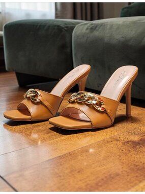 Tan Open-Toe Stiletto Heels With Gold Chain Detail